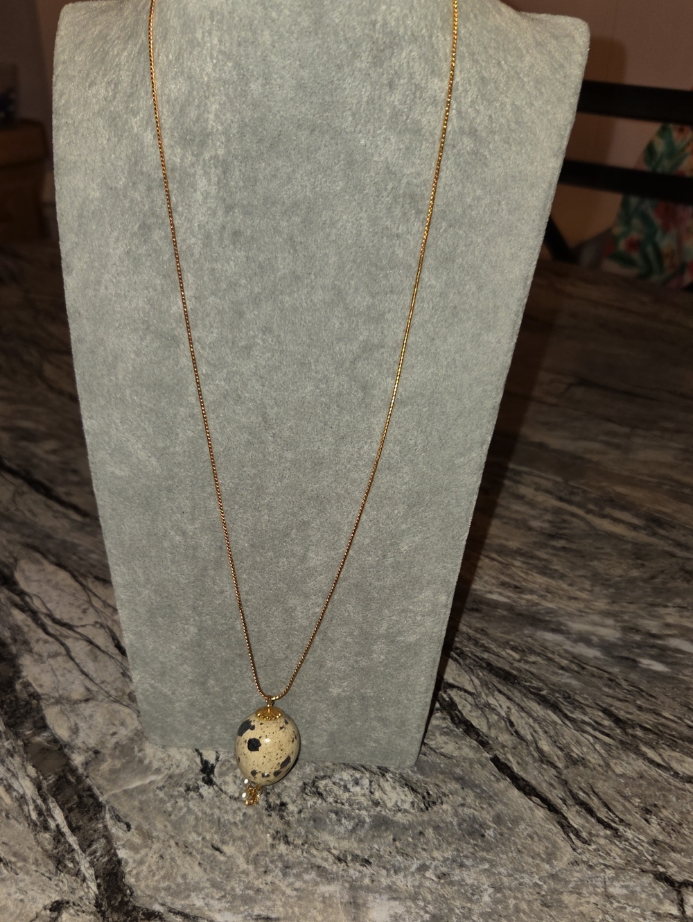 Gold Chain Necklace with Speckled Egg Pendant - Cream & Black